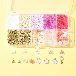 DIYビーズキット  ブレスレットやネックレスを作るためのガラスシードとアクリルビーズ  ピンク  3~13x2~11x1.5~4.5mm  穴：0.8~1.8mm&nbsp;DIY-FS0006-95B
