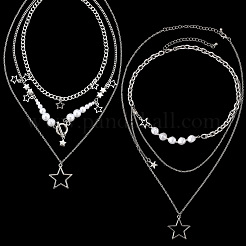 2セット2スタイルの亜鉛合金スターペンダントレイヤードネックレス（女性用）  プラチナ  14.96~21.26インチ（38~54cm）  1セット/スタイル&nbsp;NJEW-SC0001-52