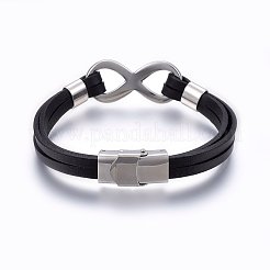レザーコードブレスレット  201ステンレススチール留め具付き  無限大  ブラック  8-1/4インチ（21cm）  8~18x4~8mm&nbsp;BJEW-E345-04B