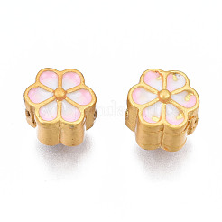 ラックメッキ合金エナメルビーズ  カドミウムフリー＆鉛フリー  マットゴールドカラー  花  ピンク  7x7x6.5mm  穴：2mm&nbsp;ENAM-N056-021B