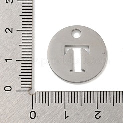 変色しない304ステンレススチールペンダント  ステンレス鋼色  アルファベット付きフラットラウンド  文字t  19x1.2mm  穴：2.5mm&nbsp;STAS-F233-M-P01-A-T