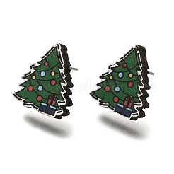 クリスマスプリントの木製スタッドピアス（女性用）  316ステンレスピン付き  プラチナ  クリスマスツリー  17x14mm  ピン：0.6mm&nbsp;EJEW-U025-01I