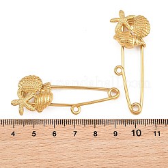 ヒトデと貝殻の形をした304ステンレススチール製の安全ピンブローチ金具  ループ付きキルトピン 夏のビーチアクセサリー  イオンプレーティング（ip）  長持ちメッキ  ゴールドカラー  53x19x7mm  穴：2mm&nbsp;SA-CBA098D-16J-G01