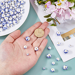 花柄プリントの磁器ビーズ 100色 4個  花柄のセラミックビーズ  ラウンド  ブルー  6~12mm  穴：1.6~2mm  25個/スタイル&nbsp;PORC-DC0001-16B