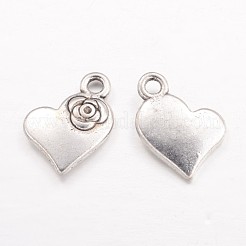 チベットスタイル合金チャームペンダント  花とハート  カドミウムフリー＆鉛フリー  アンティークシルバー  14x11x3mm  穴：1mm&nbsp;X-TIBEP-A124433-AS-LF