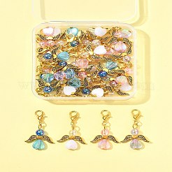 32個 4スタイル アクリル&合金 ハートエンジェルペンダントデコレーション  合金製カニカン付き  アンティークゴールデン＆ゴールデン  ミックスカラー  363mm  8個/スタイル&nbsp;HJEW-FS00040-04