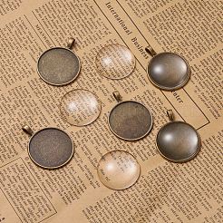 DIYのペンダント作り  チベットスタイル合金のペンダントのカボションのセッティングと透明ガラスカボション  フラットラウンド  アンティークブロンズ  トレイ：30mm  42x33x2mm  穴：3.5x5mm  29.5x7mm&nbsp;DIY-X0098-56AB