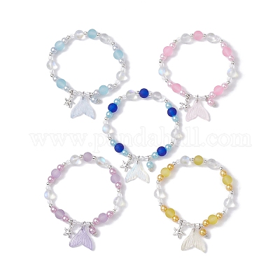 Glass ABS Plastic Imitation Pearl Beaded Stretch Bracelet, with Starfish  Fishtail Charms, Mixed Color, Inner Diameter: 2-1/8