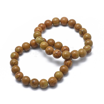 Natural Wood Lace Stone Bead Stretch Bracelets&nbsp;BJEW-K212-A-041-1