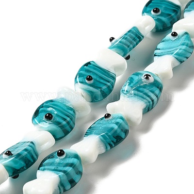 手作りランプワークビーズ連売り  魚  ティール  20~21x12~12.5x7.5~10.5mm  穴：1.2mm  約20個/連  16.26インチ（41.3cm）&nbsp;LAMP-G154-07D-1
