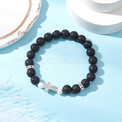 天然溶岩石と金色の光沢のある黒曜石の丸いビーズのストレッチブレスレット2個。  女性用真鍮マイクロパヴェキュービックジルコニアクロスビーズブレスレット  シェルパール付き  内径：2-1/8インチ（5.4cm）&nbsp;BJEW-JB11807