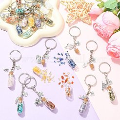 天然および合成宝石チップキーホルダー付きガラスボトル20個  合金のペンダントと鉄のリング  アンティークシルバー  85mm&nbsp;KEYC-CJ00014