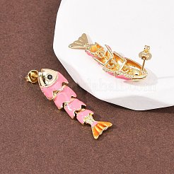 魚の真鍮マイクロパヴェキュービックジルコニアダングルスタッドピアス  エナメル付き  18KGP本金メッキ  ラックめっき  長持ちメッキ  カドミウムフリー＆鉛フリー  ミックスカラー  32.5x10mm&nbsp;EJEW-C174-05G