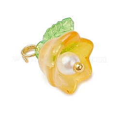 ガラスチャーム  花  アクリルとプラスチックの模造真珠ビーズと金色の真鍮ループ付き  ゴールド  13.5x13x11mm  穴：2mm&nbsp;PALLOY-MZ00838-01