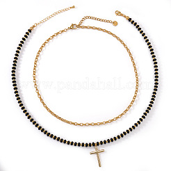 Stainless Steel Religion Cross Pendant Natural Gemstone Rondelle Beaded Double Layer Necklaces for Women&nbsp;PO2692-1