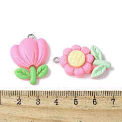 20個20スタイル不透明樹脂ペンダント  花  プラチナトーンのアイアンループ付き  ピンク  27x19x6mm  穴：1.8mm  1個/スタイル&nbsp;LS-RESI-V001-01