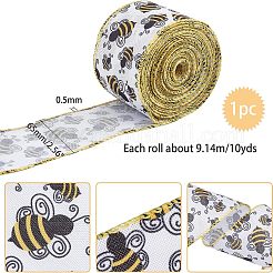ポリエステルリボン  片面ひまわり蜂段落模様  ギフト包装用  花の弓工芸品の装飾  ホワイト  2-1/2インチ（65mm）  10ヤード/ロール（9.14m /ロール）&nbsp;OCOR-WH0063-11A