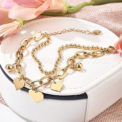 304ステンレススチールマルチ連ブレスレット  女性用ボール＆アズキチェーンブレスレット  ハート  18KGP本金メッキ  6-1/4インチ（16cm）&nbsp;BJEW-C089-08G