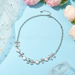 フラットラウンドパールと蝶結びの合金リンクネックレス  プラチナ  20.08インチ（51cm）&nbsp;NJEW-JN04812