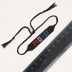 ガラスシード編組リンクブレスレット  女性のための調節可能なワードムードフレンドシップブレスレット  ブラック  11インチ（28cm）&nbsp;BJEW-A121-64A