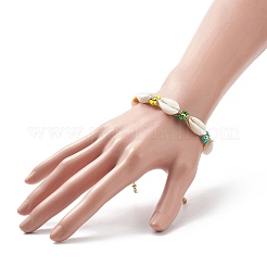 天然カウリー シェル & ガラス シード フラワー編組ビーズ ブレスレット女性用  カラフル  内径：2~3-5/8インチ（5~9.1cm）&nbsp;BJEW-TA00206