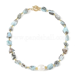 Raw Rough Natural Larimar Beaded Necklaces with Oval Shell Pearl for Women&nbsp;NJEW-JN06591