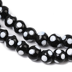 手作りランプワークビーズ  水玉模様のラウンド  ブラック  8~9x7~8mm  穴：1.8mm  約45個/連  12.99''（33センチメートル）&nbsp;LAMP-D002-8mm-01J