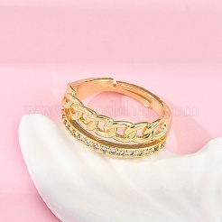 Curb Chain Style Brass Micro Pave Clear Cubic Zirconia Open Cuff Rings for Women&nbsp;RJEW-G343-07G
