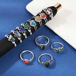 天然レッドジャスパー＆マラカイト＆合成ターコイズの指輪12個  女性用ハート、オーバル、トライアングル、ホースアイ、スクエア合金リング  アンティークシルバー  8~9.5x8~10.5mm  内径：16~18mm&nbsp;RJEW-Z087-01AS