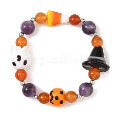 Handmade Lampworrk Ghost Pumpkin and Round Natural Amethyst & Red Agate Beaded Stretch Bracelets for Women&nbsp;BJEW-TA00766