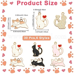 30個6スタイルアロイエナメルペンダント  猫の形のチャーム  ミックスカラー  13~21x14.5~20.5x1mm  穴：1.6mm  5個/スタイル&nbsp;ENAM-YW0008-96