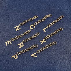 304ステンレススチールチェーンエクステンダー  アズキチェーンとアルファベットチャーム付き  a～zの文字  ゴールドカラー  67.5mm  リンク：8x6x1.3mm  穴：5.3x3.3mm  26個/セット  1セット/箱&nbsp;STAS-UN0017-14G