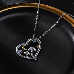 女性用真鍮ブルーキュービックジルコニアマッシュルームハートペンダントネックレス  プラチナ  16.42インチ（41.7cm）&nbsp;LS-NJEW-C067-01P