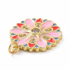 真鍮マイクロパヴェクリアキュービックジルコニアペンダント  18KGP本金メッキ  エナメルと丸カン付き  花のチャーム  ピンク  24x21x3mm  丸カン：5x0.8ミリ  内径：3.2mm&nbsp;X-KK-E068-VF008