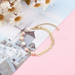 リンクチェーンブレスレット  天然真珠ビーズと真鍮製の穂軸チェーン付き  貝殻色  18KGP本金メッキ  7-1/4インチ（18.5cm）&nbsp;BJEW-JB06162-03