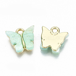 合金ペンダント  樹脂とグリッターパウダー付き  蝶  ゴールドカラー  アクアマリン  13x13~15x3.5mm  穴：2mm&nbsp;LS-RESI-S385-004H