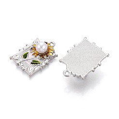 メッキ合金エナメルチャームラック  長方形と花  ABSの模造パールと  プラチナ  27x20x9mm  穴：1.8mm&nbsp;ENAM-N065-05P