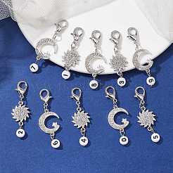 10Pcs 10 Style Moon Sun Alloy Rhinestone Pendant Locking Stitch Markers with Acrylic Number&nbsp;HJEW-JM01482