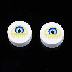 手作り樹脂粘土ビーズ  ナザールボンジュウ付きフラットラウンド  ミックスカラー  9.5~10x4.5mm  穴：1.6mm&nbsp;CLAY-N007-004