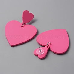アクリル ハート ダングル スタッド ピアス  女性用304ステンレスジュエリー  ショッキングピンク  59.5mm  ピン：0.6mm&nbsp;EJEW-WH0017-83