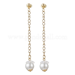 ガラスの模造真珠の丸いタッセルスタッドピアス  アクリルビーズキャップ、304ステンレススチールチェーンエクステンダー、真鍮スタッドピアス金具、真鍮フリクションイヤナット付き  ゴールドカラー  ホワイト  81x12mm&nbsp;EJEW-JE06453-02