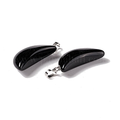 天然石オブシディアンペンダント  プラチナトーンの真鍮パーツ  ムーンチャーム  33x15x8mm  穴：6x3.2mm&nbsp;G-Z022-03A
