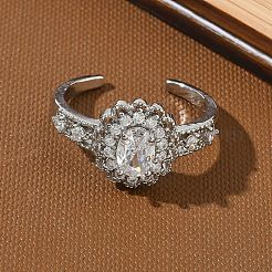 真鍮製マイクロパヴェキュービックジルコニアカフオープンリング  花  カドミウムフリー＆鉛フリー  ラックめっき  長持ちメッキ  プラチナ  13mm  内径：19mm&nbsp;RJEW-C163-19P