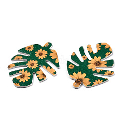 PUレザービッグペンダント  両面印刷  デイジーの花の模様  葉  グリーン  55x43x2mm  穴：1mm&nbsp;FIND-TA0002-A22