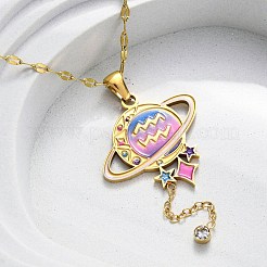304 ステンレススチール ホットパールエナメル 星座 惑星 ペンダントネックレス  クリスタルラインストーン付き  ゴールドカラー  水瓶座  15.94インチ（40.5cm）&nbsp;NJEW-D310-01J-G