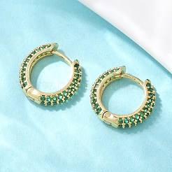 真鍮製キュービックジルコニアフープピアス  カドミウムフリー＆鉛フリー  長持ちメッキ  ラックめっき  18KGP本金メッキ  グリーン  14.5x15x3.5mm&nbsp;EJEW-A156-05G-02