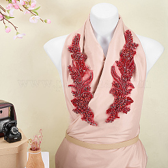 ガラスのラインストーンの花のアップリケ  ポリエステル刺繡飾りアクセサリー  ファイヤーブリック  340x95x5mm&nbsp;DIY-WH0579-67A