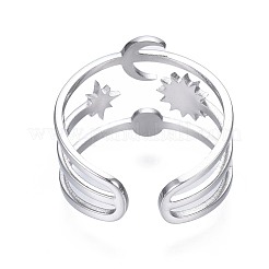 Non-Tarnish 304 Stainless Steel Moon and Star Open Cuff Ring&nbsp;RJEW-T023-32P