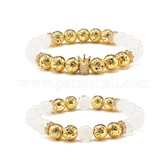 Natural Crackle Quartz & Lava Rock Round Beads Stretch Bracelets Set&nbsp;BJEW-JB07206