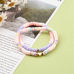 ポリマークレイヘイシビーズストレッチブレスレットセット  非磁性合成ヘマタイトビーズと真鍮製ハートビーズ付き  ゴールドカラー  ミックスカラー  内径：2-1/4インチ（5.7cm）  2個/セット&nbsp;BJEW-JB06301